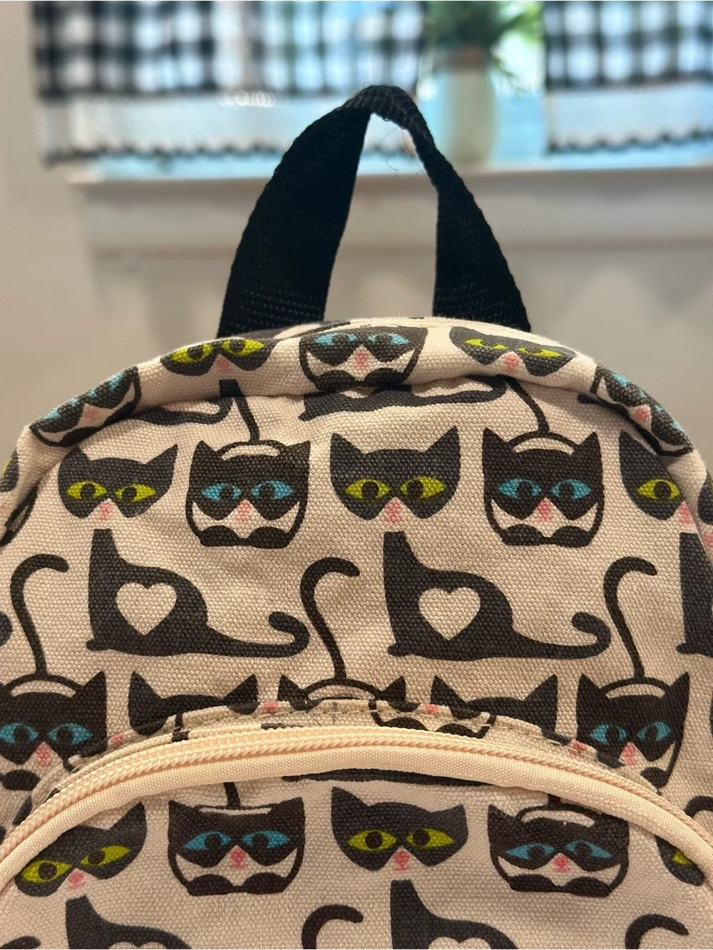 bungalow 360 Cream Mini Backpack with Black Cat Print and Colorful Eyes